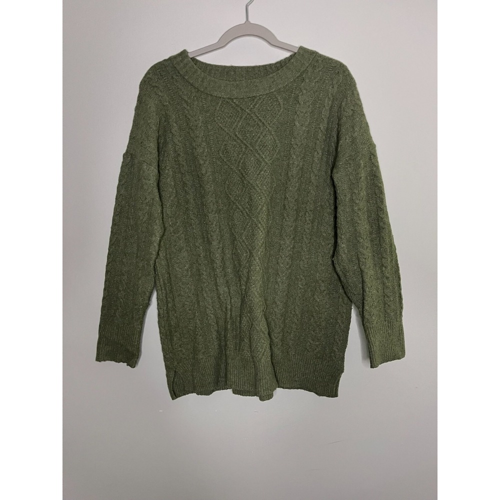 Oak Meadow Green Cable Knit Pullover Crew Neck 3/4 Sleeve Sweater Womens Large